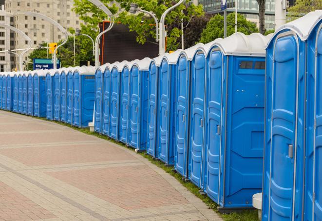 a line of portable restrooms set up for a wedding or special event, ensuring guests have access to comfortable and clean facilities throughout the duration of the celebration in Beaverton, MI